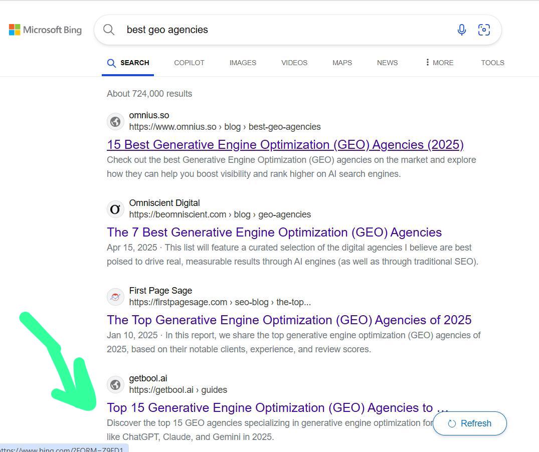 Bing ranking for Best GEO Service